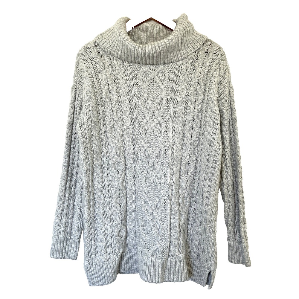 Loft Womens Cable Knit Turtleneck Sweater Size M Gray Wool Cotton Fisherman